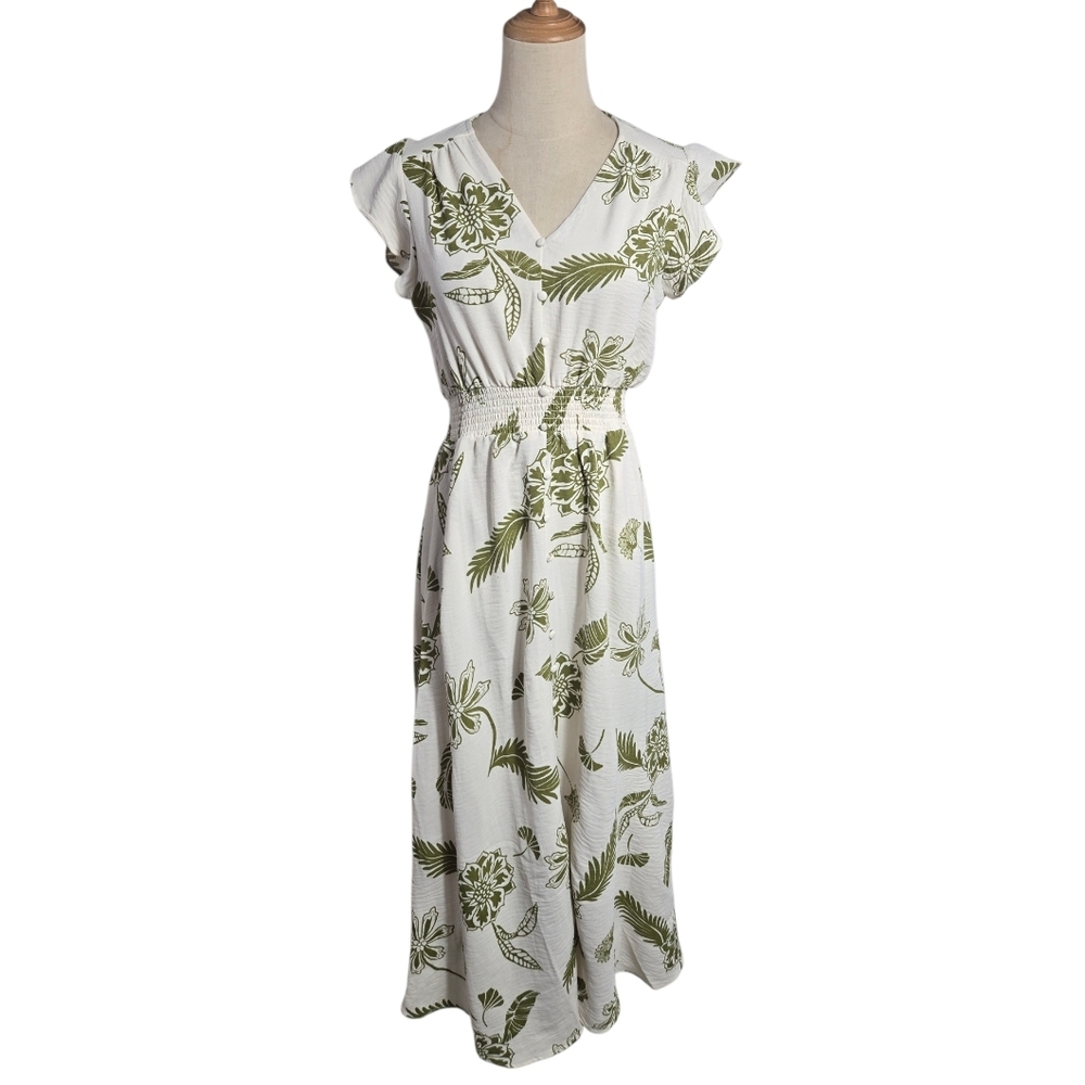 Haver London Green and White Floral Midi Dress